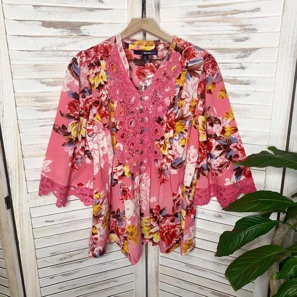 ROAMAN'S Juliet Lace Bigshirt Long Shirt Blouse Multicolor Floral Print Pink 12W - Picture 2 of 10